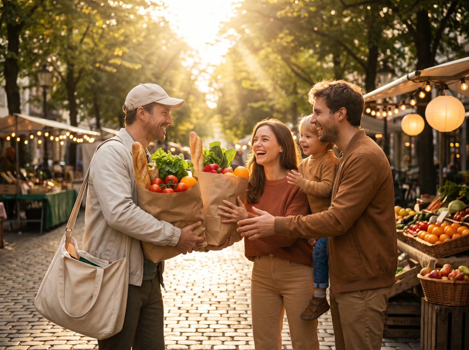 A courier passing bags of fresh bread and produce to a laughing family at a golden-hour street market.