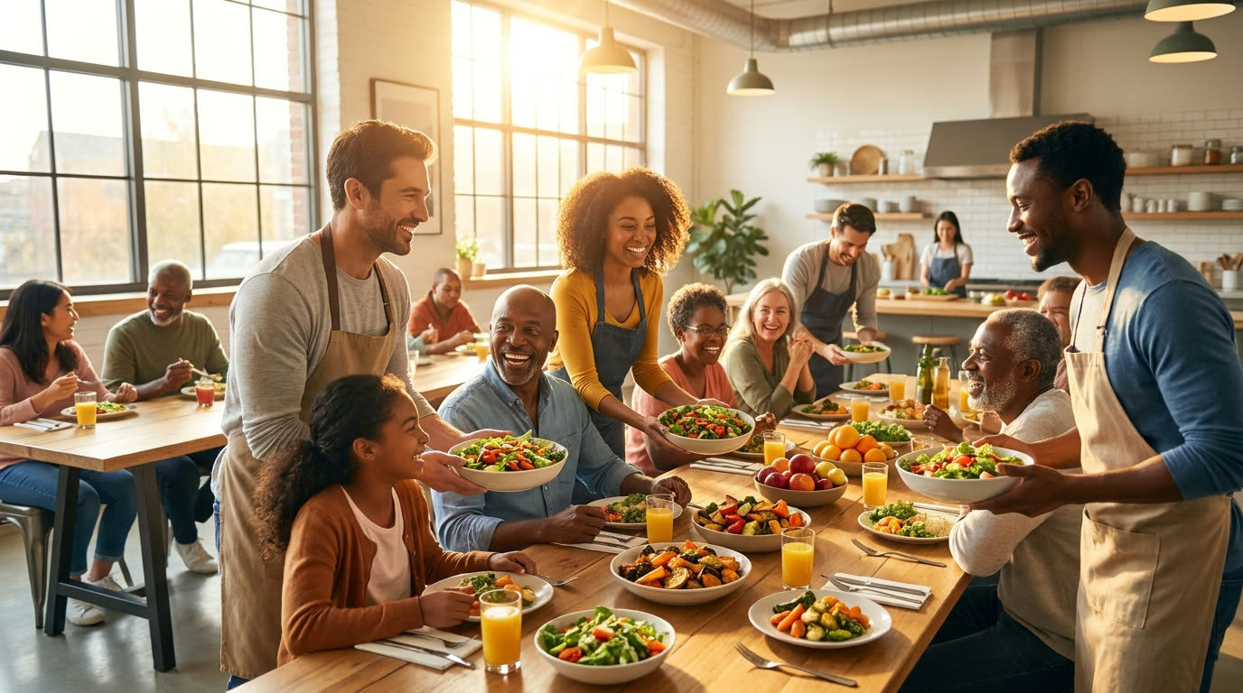 Smiling volunteers serving fresh, colorful food to happy people in a bright community kitchen.