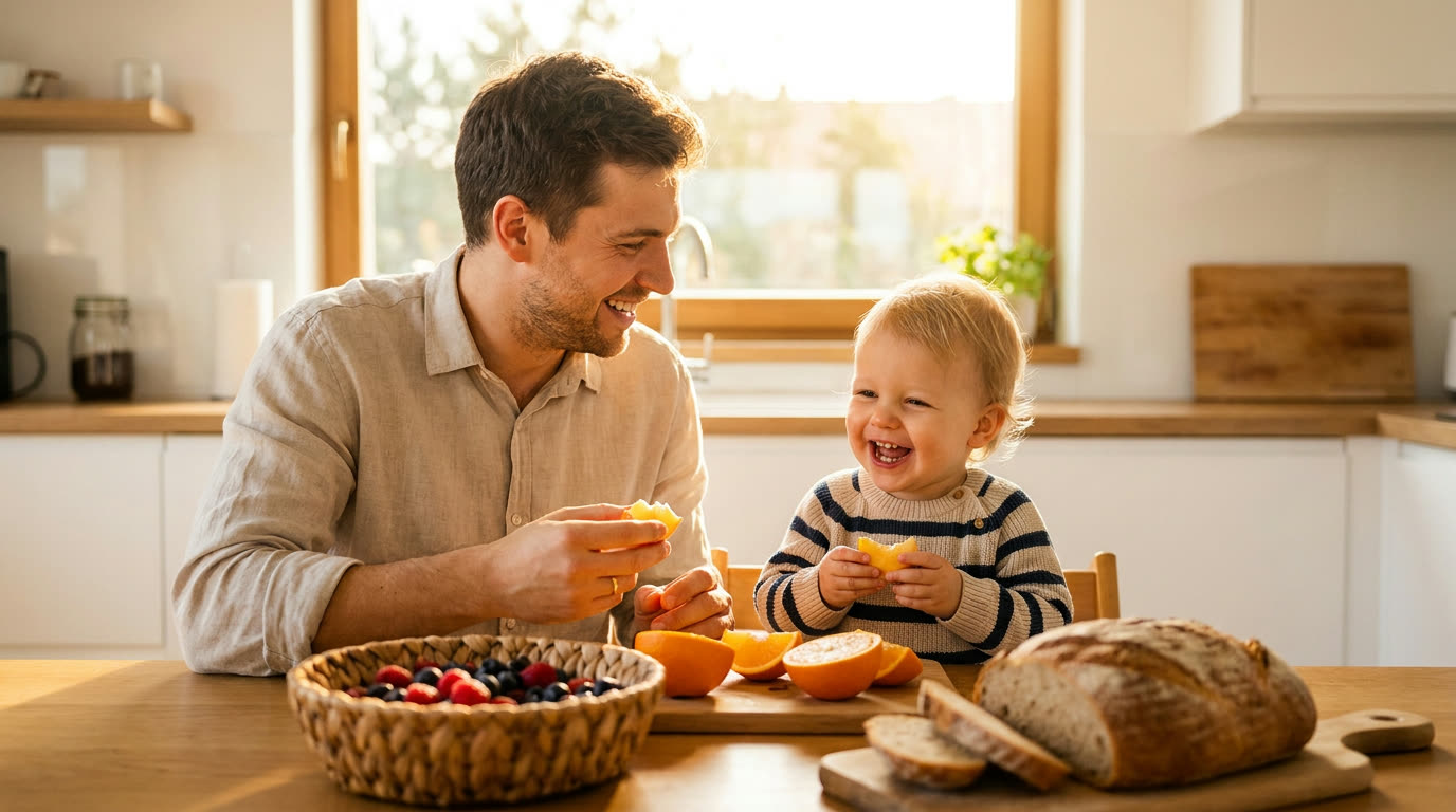 A father and his laughing child sharing fresh fruit at a sunlit kitchen table.