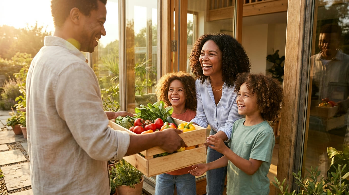 Someone handing a crate of fresh vegetables to a delighted family in golden-hour light.