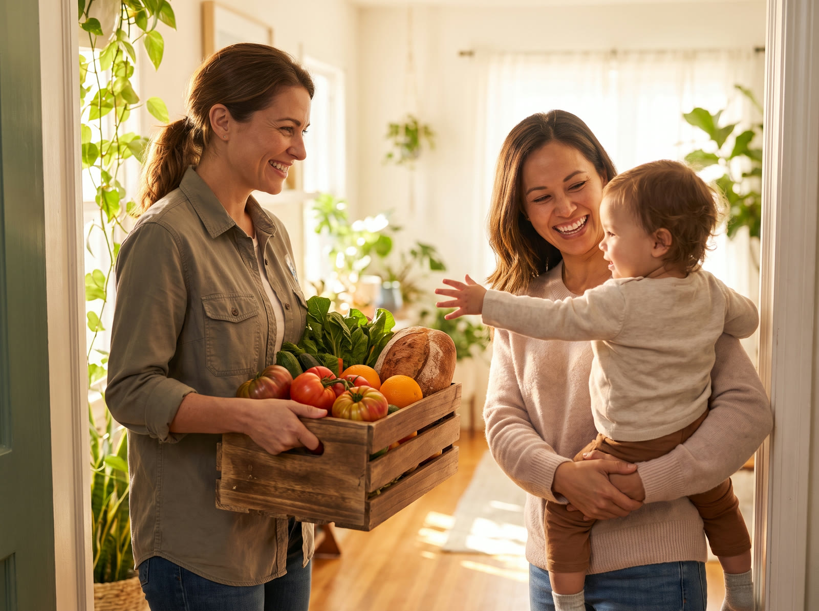 A volunteer handing a crate of fresh colorful produce across a sunlit doorway to a delighted mother and her young child.