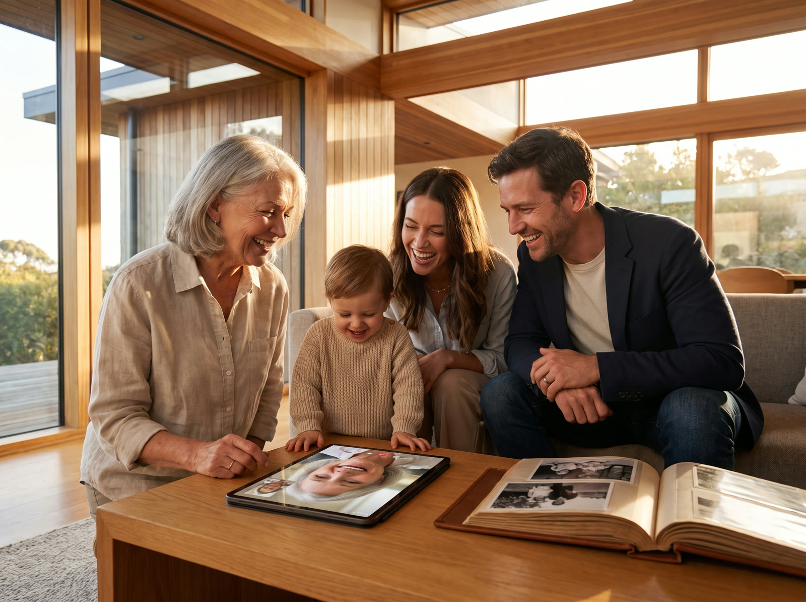 Three generations of a family gathered around a glowing tablet in a golden-lit living room as a beloved elder tells a story on screen, a family photo album open beside it.