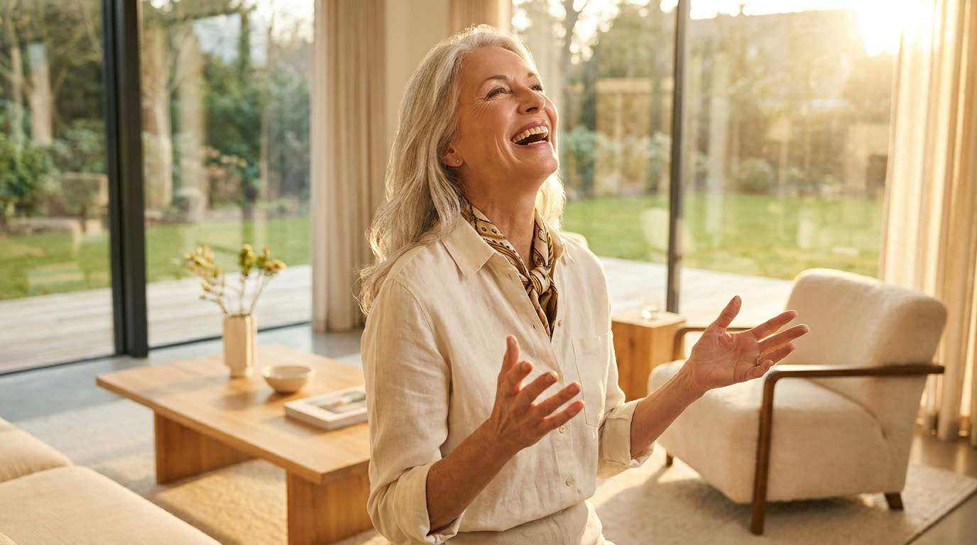 A radiant grandmother laughing as she tells a story in a bright, sunlit living room.