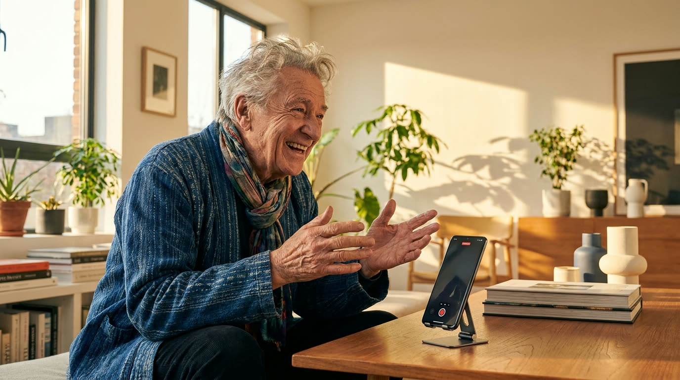 A stylish older man joyfully telling a story while his phone records him in a bright modern room.