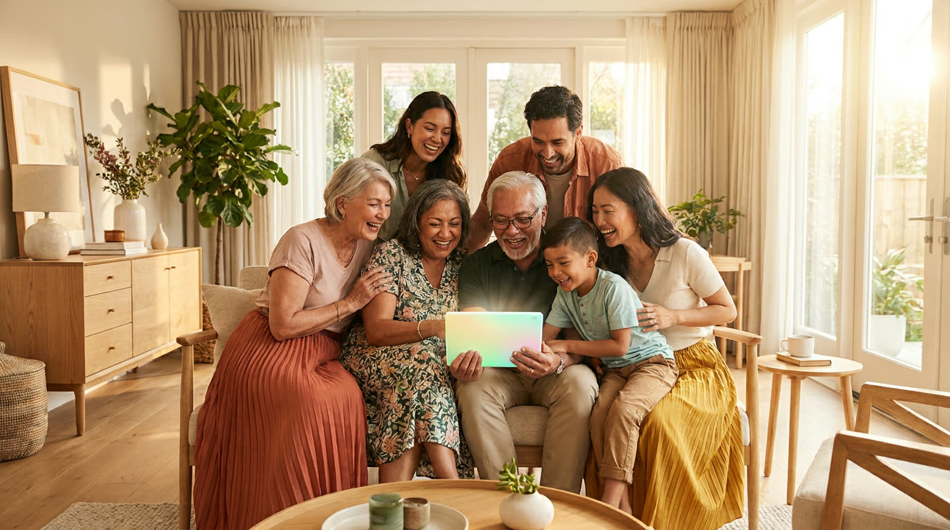 A joyful multi-generational family gathered around a glowing tablet in a bright, warm home.