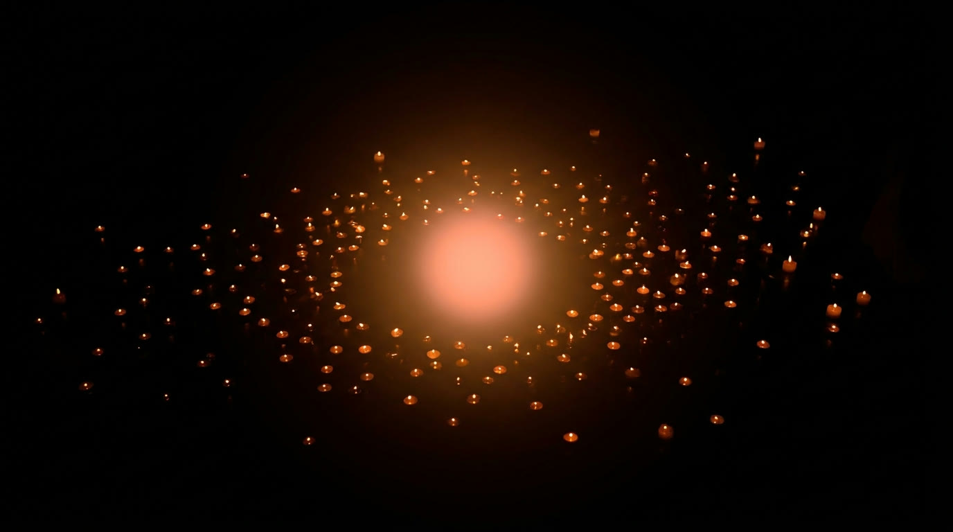 A single warm light in darkness spreading outward into many small warm lights.