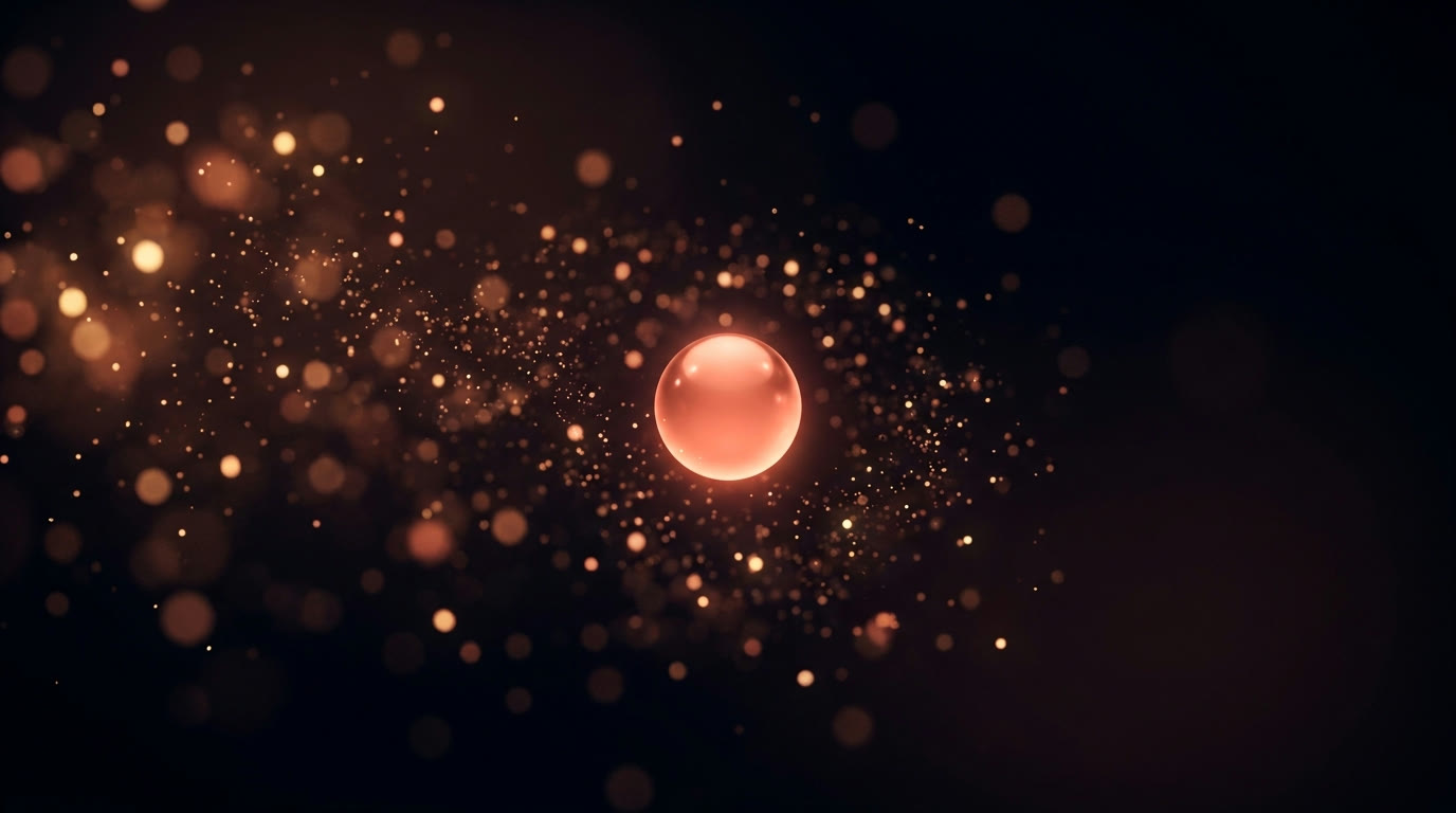 Warm particles of light converging into a single bright, refined point in darkness.
